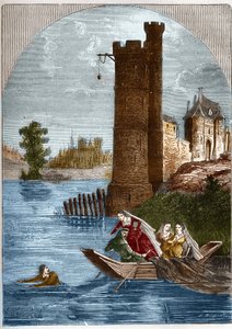 Escándalo (asunto) de la torre de Nesle: Buridan logró escapar de la torre de Nesle en París en 1314 a pesar de la emboscada tendida por la Reina Margarita de Borgoña (1290-1315). Grabado en "Histoire de la prostitution et de la débauche dans les peuples d