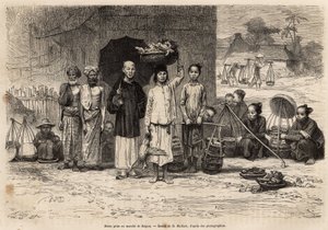 Escena del mercado de Saigón, grabado según un dibujo de D.Maillard, ilustrando el viaje a Cochinchina, por el Doctor Morice, en 1872, publicado en 