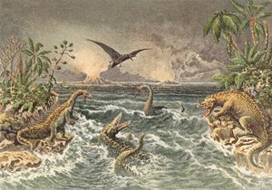 Escena del mundo primitivo durante el periodo secundario (litografía en color) de French School