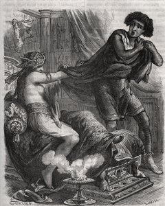 Escena de la Biblia: "Ella agarró al joven demasiado virtuoso por su túnica". La esposa de Putifar intenta seducir a José, un esclavo del faraón. Grabado de 1871 en "Histoire Des Cocus Celebres" de Henry de Kock (1819-1892) de French School