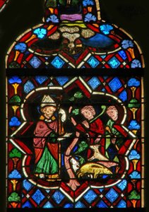 Escena en la ventana E que representa a San Sansón convirtiendo cerdos en cabras de French School