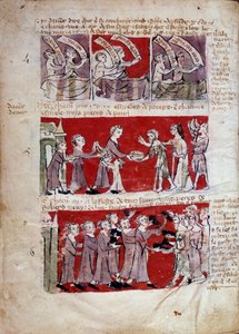 Escena de la vida estudiantil en el Colegio Hubant o Ave María en París. Escenas de la vida estudiantil y reglamentos del colegio. Tiras 4 a 6. Página manuscrita "Libro de los estatutos del Colegio de Hubant o del Ave María" 1387 París, archivos nacionales de French School