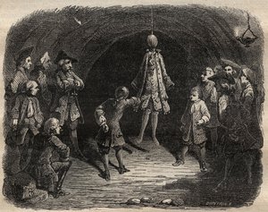 Escuela de ladrones creada por el bandido Louis Dominique Garthausen llamado Cartouche (1693-1721) en una cantera en París: un modelo colgado del techo cuyas bolsas deben vaciarse sin moverse bajo pena de recibir una lluvia de disparos - Escuela de ladrone