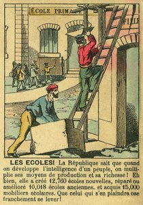 Escuelas, ilustrando los beneficios de la Tercera República para el desarrollo de la educación en las escuelas. Grabado, en "Le Figaro, suplemento", el 30/03/1889, París. Coll. Selva. de French School