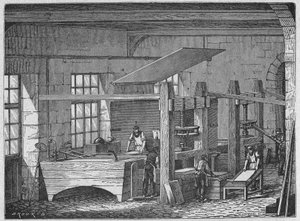 Ciencia. Fabricación de papel. Papel hecho a mano. Grabado en: Grandes hombres y grandes hechos de la industria, Francia, c.1880 (grabado) de French School