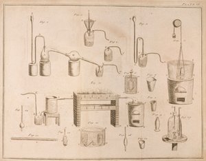 Equipos científicos, de Los elementos de la química por Antoine Laurent de Lavoisier, grabado por D. Lizars, 1796 de French School