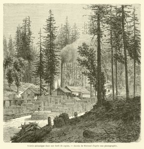 Aserradero mecánico en un bosque de abetos de French School