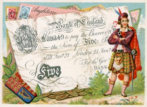 Soldado escocés guardando un billete de cinco libras del Banco de Inglaterra, 1886-95
