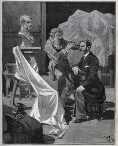 Escultura, taller de un escultor, enfoque y escultura de un busto. Grabado de 1880 en “Les arts et métiers illustrés” por Adolphe BITARD. de French School
