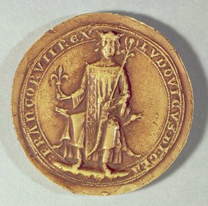 Sello de San Luis (1214-70) sosteniendo un cetro y la flor de lis, c.1252 de French School