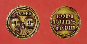 Sello con las cabezas de San Pablo y San Pedro, de una bula del Papa Bonifacio VIII, anverso y reverso, 1295 (cera) de French School