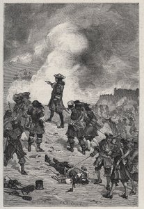 Sebastián el Prestre señor de Vauban (1633-1717), mariscal de Francia defiende Brest contra un ataque de la flota inglesa en 1695 - grabado en “Les Hommes Celebres de la France” por Louis Dumas 1889 de French School