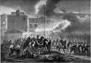 Guerra de Secesión (1861-1865) o Guerra Civil Americana: evacuación de la ciudad de Corinto (Misisipi) en 1862. Grabado en “Le Monde Illustré” n°275 del 19 de julio de 1862. de French School