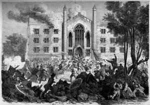 Guerra de Secesión o Guerra Civil Americana (1861-1865) - Nueva York - Julio de 1863: oposición a la conscripción, los insurgentes incendiaron el asilo de huérfanos de color en la ciudad de Nueva York durante los "Disturbios del Reclutamiento". Grabado en  de French School