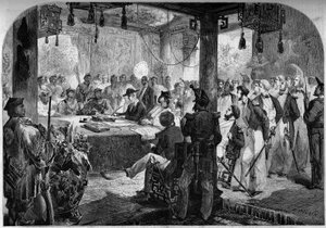 Segunda guerra del opio entre Francia e Inglaterra y China (1858-1860) - firma del Tratado de Tianjin (Tientsin) en 1858: embajadores ingleses y franceses Lord Elgin (James Bruce