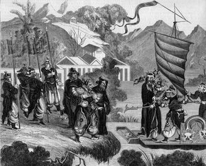 Segunda guerra del opio entre Francia e Inglaterra y China (1858-1860): caricatura china del conflicto. Un barco está listo para acercarse a la costa bajo la mirada burlona de un grupo de chinos. A bordo del barco, dos personajes que representan a Francia  de French School