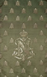 Sección de damasco verde y dorado con el emblema y el escudo real de Napoleón III (1808-73) de French School