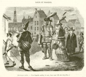 Siglo XVI, Una familia noble, al atardecer, en una ciudad de los Países Bajos (grabado)