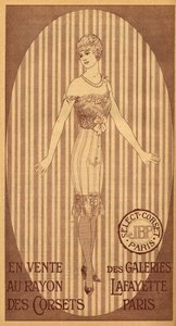 Corsé JPB selecto a la venta en el departamento de corsés de Galeries Lafayette en París - 1914