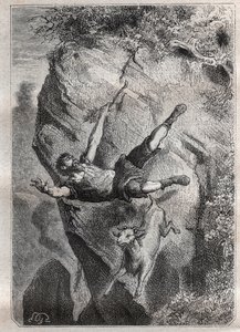 Selkirk rodando con su presa; una aventura de Alexandre Selkirk, un marinero escocés abandonado en la Isla de Juan-Fernández en el Océano Pacífico durante cuatro años cuya aventura inspiró la novela Robinson Crusoe de Daniel Defoe de French School