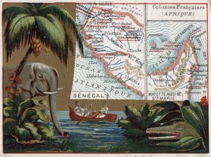 Senegal, Mayotte, Isla de Santa María, Nossi Be (Nossi-be o Nosy-be), África. Elefante, cocodrilo y barco en un río. Serie sobre las colonias francesas. Cromolitografía “el hilo geográfico”, circa 1920. Colección privada. de French School