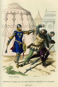Sargento de armas del rey de los ribauds (líder de la milicia irregular establecida alrededor de 1189 por Felipe Augusto (o Felipe II de Francia 1165-1223), con ciertas funciones policiales) arrestando a un saqueador (1290 a 1330). Grabado en color, en “Fr de French School