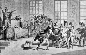 Sesión de la legislatura en la orangerie de St Cloud: aparición de Bonaparte y día de la liberación del 18 de niebla año VIII en la Cámara del Consejo de los Cinco Centavos (Sala de 500) de French School