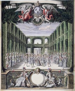 Diseño de escenario para un ballet no identificado en un jardín, tomado de una colección titulada Menus Plaisirs du Roi