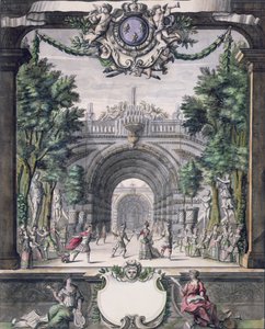 Diseño de escenario para un ballet no identificado, tomado de una colección titulada Menus Plaisirs du Roi