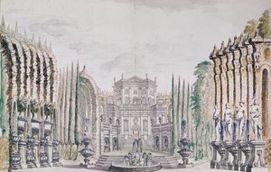 Diseño de escenario de un palacio para un teatro, c.1660-80 de French School