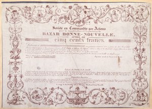Certificado de Acción por 500 francos para el Bazar Bonne-Nouvelle, 1836 de French School