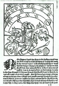 Pastor bajo Sol, Luna y Estrellas, de un Calendario de Pastores de French School
