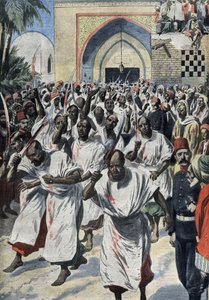 Musulmanes chiítas en peregrinación a Karbala (Irak), en la tumba de Husayn - Le Petit Journal, abril de 1909 (grabado) de French School