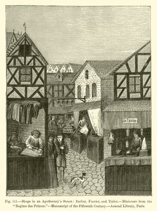 Tiendas en una calle de boticarios: Barbero, Peletero y Sastre (grabado) de French School