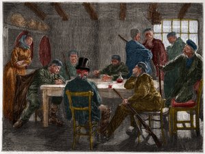 Mafia siciliana en el siglo XIX: Interrogatorio de un terrateniente abrogado por mafiosos sicilianos en 1873. Grabado de 1873 de French School