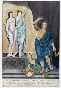 Siglo de las Luces: "El Triunfo de la Razón y la Verdad": bajo la figura de Jean Jacques Rousseau, la Filosofía descubre al universo la Razón y la Verdad, veladas por el error y la mentira representadas por un dragón y los atributos del papado