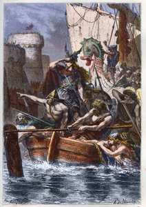Sitio de París (885-887): invasión de los normandos (vikingos) en 886 - El asaltante vikingo Rollo (Rollon) el Guardabosques atacando París a través del río Sena en 885 d.C. - grabado de 