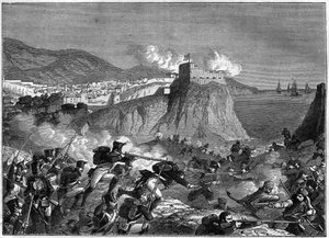 Sitio de Ragusa (República de Ragusa) (Ragusa en croata Dubrovnik) durante las Guerras Napoleónicas en mayo y junio de 1806 (campaña de Dalmacia por el General Molitor y Lauriston) - en “History of the empire following the history of the consulate” de Adol