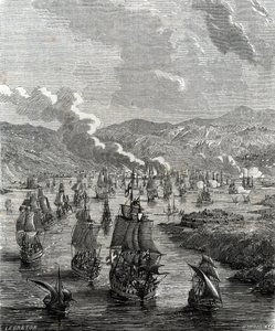 Sitio de Toulon que tuvo lugar entre el 29 de julio y el 21 de agosto de 1707 durante la Guerra de Sucesión Española cuando una fuerza aliada terrestre y naval asedió la base naval francesa en Toulon (grabado) de French School