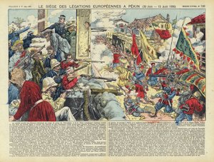 Asedio de las legaciones europeas en Pekín, Rebelión de los Bóxers, China, 20 de junio - 15 de agosto de 1900 (litografía en color)