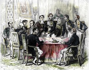 Firma de las Ordenanzas de Saint Cloud (grabado coloreado) de French School