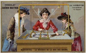 Fabricación de seda. Hilando las fibras en un carrete de French School