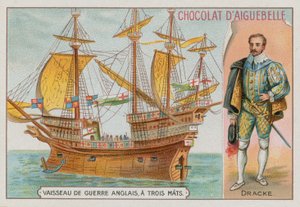 Sir Francis Drake y un barco de guerra inglés de tres mástiles