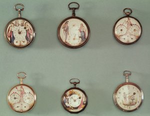 Seis relojes de bolsillo decorados con símbolos revolucionarios (metal y esmalte)