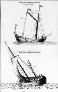 Boceto de barcos: un yate o yac y una hourque o hollock, que es un pequeño barco inventado por los holandeses para navegar por los canales - en "Enciclopedia de Diderot", vol 7 Marina, grabado, Bibl. Mazarine. de French School