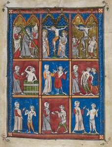 Sloane 1977,f.7 The Chirurgia: Nueve miniaturas que muestran escenas bíblicas y médicas. Arriba, Cristo cargando la Cruz; María y San Juan en el Calvario; Cristo dado vinagre y traspasado con la lanza. Centro y abajo, médicos que tratan a pacientes por div de French School