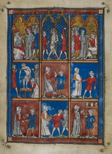 Sloane MS 1977 fol.6r Nueve miniaturas que muestran escenas bíblicas y médicas. Arriba, Cristo ante Caifás y Pilatos; la flagelación. Centro y abajo, médicos que tratan a pacientes con huesos rotos y otras dolencias de French School