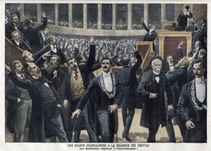 Socialistas cantando La Internacional en la Cámara de Diputados en Francia en medio de una sesión en presencia de Georges Clemenceau - "Le Petit Journal", mayo de 1909 (grabado) de French School
