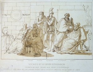 Sócrates y el soother Euthyphron: Sócrates no puede creer en los dioses de Eutifrón, estos dioses no se ponen de acuerdo sobre lo justo y lo injusto sobre lo santo y lo impío. Representación de Jenofonte, Critón, Platón, Alcibíades, Eutifrón y Sócrates. de French School