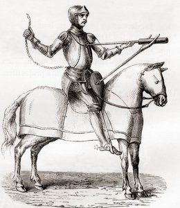 Soldado a caballo usando una bombardera de mano, finales del siglo XIV y principios del siglo XV, según un dibujo del manuscrito de Marianus Jacobus, de Les Merveilles de la Science, publicado c.1870 (grabado) de French School
